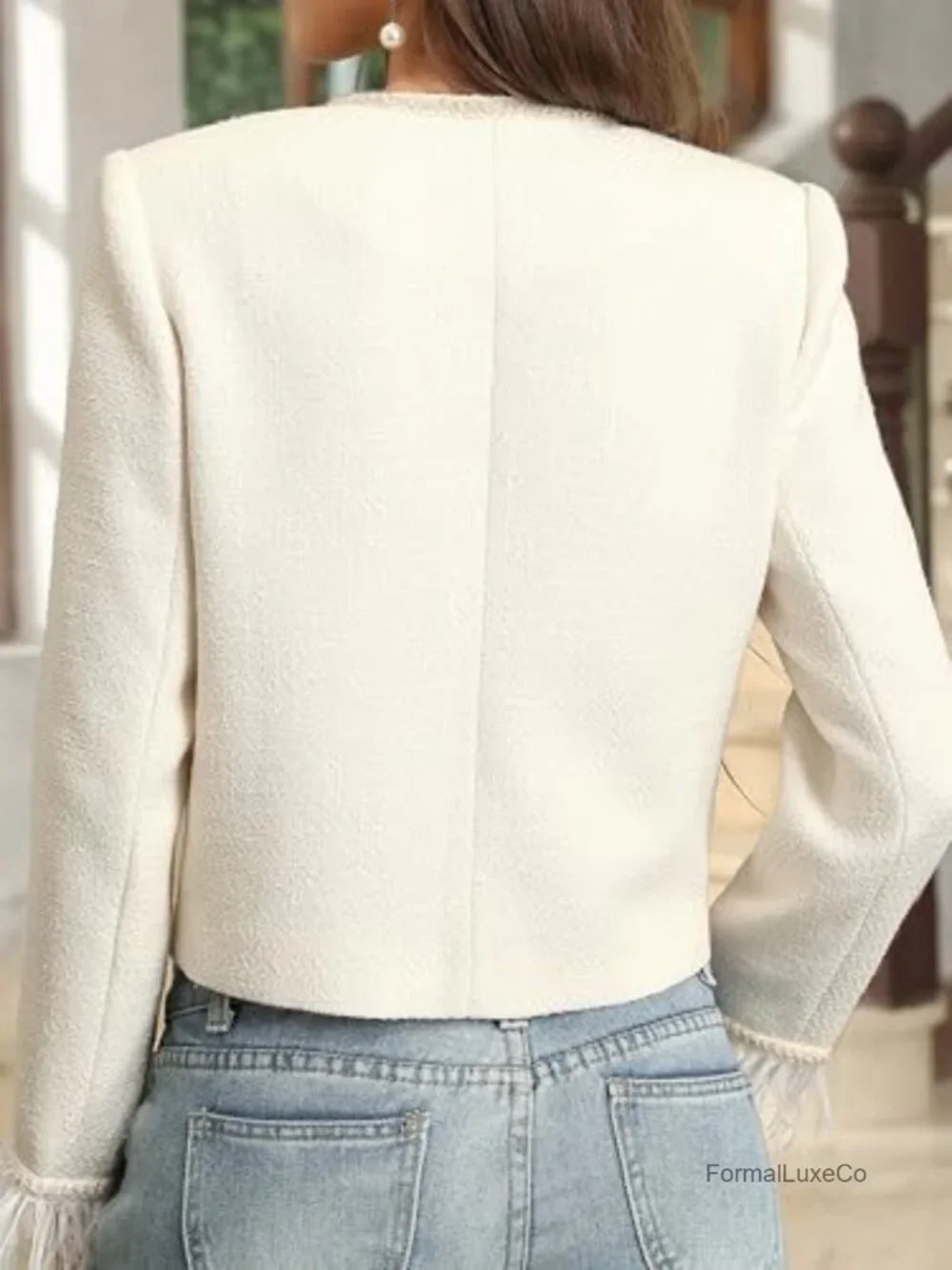 Tweed Cropped Blazer with Feather Trim Pockets
